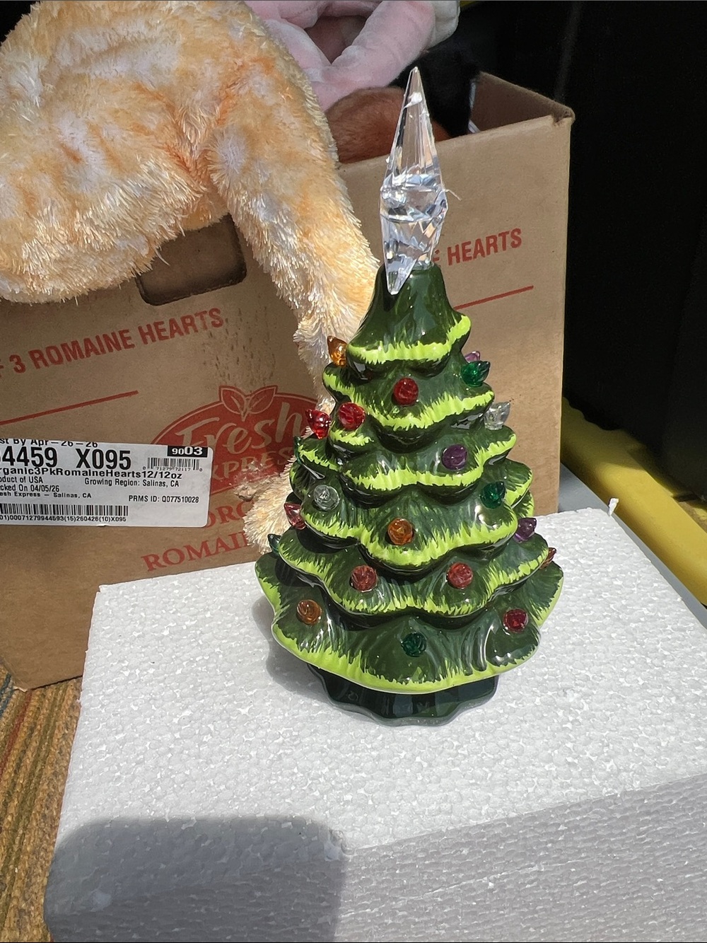 Source Unknown Green Glass Christmas Tree with Multicolor Ornaments